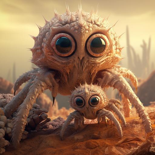 Very cute surreal little tarantula monster with his very gentle and protective mother, beautiful detailed eyes, huge eyes, Ghostpunk, intricate details, sharp details, hyper-detailed, mystical lighting, magical lighting, studio ghibli, trending on art station, hyper-realistic octane rendering rorianai style 8k s1000 testb v5.1