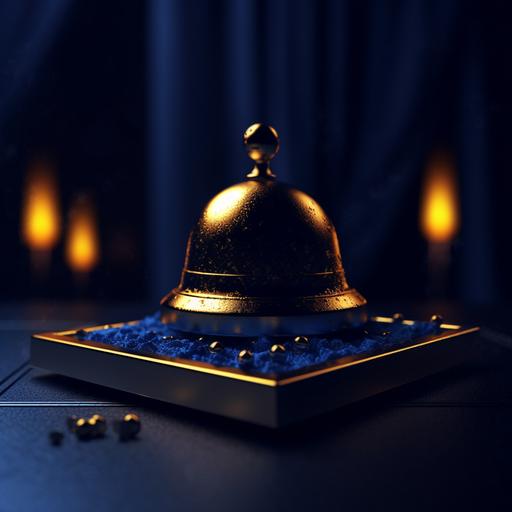 Very fancy Booking Hotel bell or reservation tag, dramatic lighting, luxury, elegant, mysterious, covered with gold rain, realistic style, 4k, Antic aristocratic dark suit, pants, photo realistic, dark background, very small ornaments, golden pattern, minimal, dark background, royal blue, minimal --ar 2:2 --v 5.1