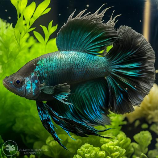Very realistic, large dark blue and green comb tail, male, green alien betta fish, black face, piercing teal eyes, fierce, flaring cheeks, bubble wall, fish tank, small schooling fish in background, sand, leafy plants, small snails, bubbles