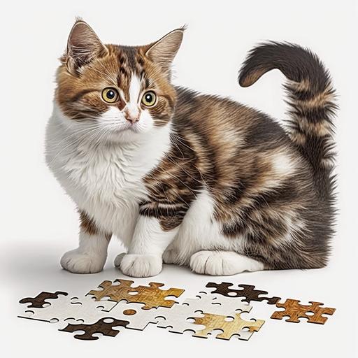 A cheeky looking cat sitting next to a 40 piece jigsaw puzzle, photorealistic, plain white background