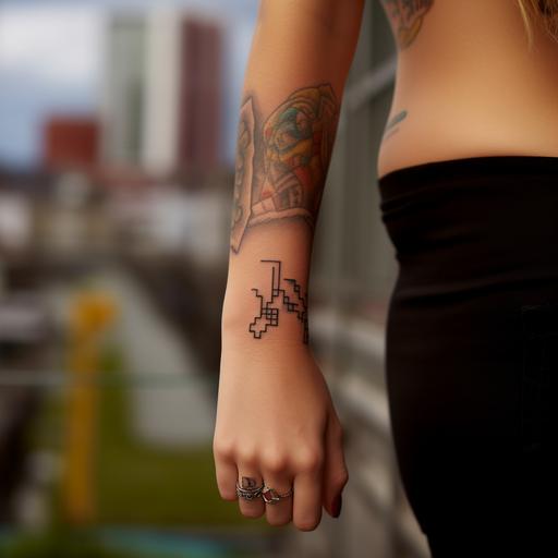 Photo showing an attractive young woman's forearm with one subtle tattoo of a puzzle piece outline on the inside of her wrist, no fingers visible in shot, real photography, hyper realistic, modern apartment setting in background