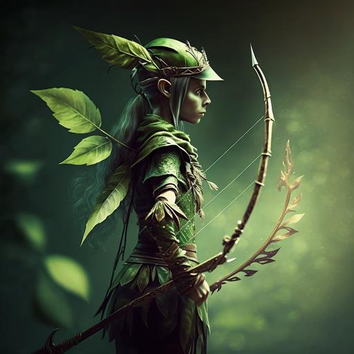 elf, bow and arrow, light, green, young, full body, leaf