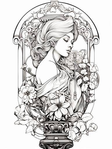 Victorian Newel Post lamp, style of Alphonse Mucha, clean black and white line art, flat, 2d, on white background::1.5 outline::0.5 gradients::-1 --ar 3:4