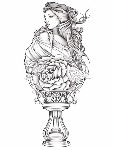 Victorian Newel Post lamp, style of Alphonse Mucha, clean black and white line art, flat, 2d, on white background::1.5 outline::0.5 gradients::-1 --ar 3:4
