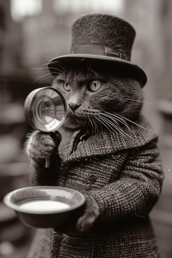 Victorian era cat wearing a Sherlock Holmes hat, using a magnifying glass to inspect a bowl of milk, London, depth of field, chaos picture, symmetrical placement, fine detailed, photonegative refractograph, retro, intense, moody --s 750 --ar 2:3 --style raw --v 6.0