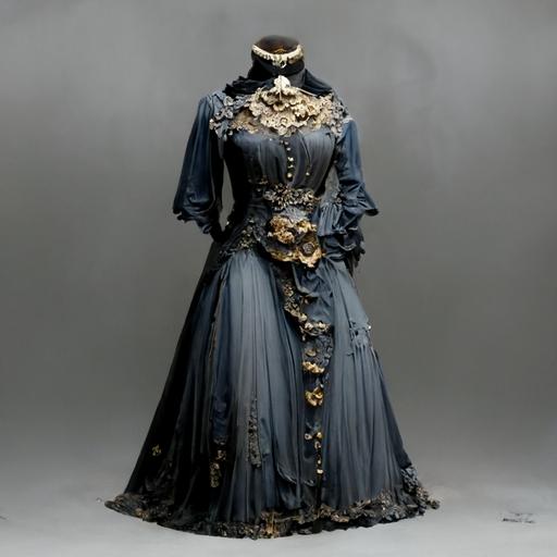 Victorian gown, blue-grey and deep charcoal, adorned with gold chains and onyx, high neck ruffled collar, ivory ruffles, lace, velvet, satin, rich colors, bouffant hair style, elite, old wealth, full body character, slender female figure, puffy shoulders, hoop shirk, puffy dress, vintage cameo, high resolution, photorealistic, hyperrealism, dark art, silent hill, haunted mansion, post apocalyptic portrait