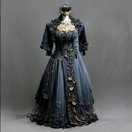 Victorian gown, blue-grey and deep charcoal, adorned with gold chains and onyx, high neck ruffled collar, ivory ruffles, lace, velvet, satin, rich colors, bouffant hair style, elite, old wealth, full body character, slender female figure, puffy shoulders, hoop shirk, puffy dress, vintage cameo, high resolution, photorealistic, hyperrealism, dark art, silent hill, haunted mansion, post apocalyptic portrait