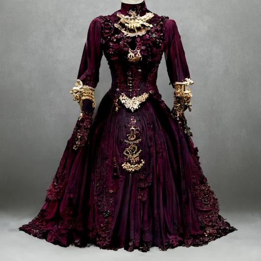 Victorian gown, wine red and deep purple, adorned with gold chains and pearls, high neck ruffled collar, ivory ruffles, lace, velvet, satin, rich colors, bouffant hair style, elite, old wealth, full body character, slender female figure, puffy shoulders, hoop shirk, puffy dress, vintage cameo, high resolution, photorealistic, hyperrealism, dark art, silent hill, haunted mansion, post apocalyptic portrait