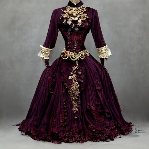 Victorian gown, wine red and deep purple, adorned with gold chains and pearls, high neck ruffled collar, ivory ruffles, lace, velvet, satin, rich colors, bouffant hair style, elite, old wealth, full body character, slender female figure, puffy shoulders, hoop shirk, puffy dress, vintage cameo, high resolution, photorealistic, hyperrealism, dark art, silent hill, haunted mansion, post apocalyptic portrait