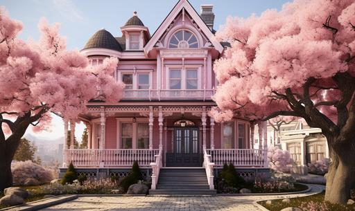 Victorian home, pink with some white shingles, pink front door, black window frames, surrounded by pink cherry blossom trees, 4k, detailed, vray render --ar 5:3