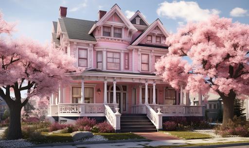 Victorian home, pink with some white shingles, pink front door, black window frames, surrounded by pink cherry blossom trees, 4k, detailed, vray render --ar 5:3
