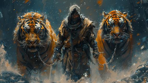 Video game concept art of a post-apocalyptic scene of a tattered traveler with two giant tigers on either side of him held by chains connected to spiked collars. Dark blue and bright orange color palette. Some aspects of water indicated in the painting style. --v 6.0 --stylize 1000 --ar 16:9
