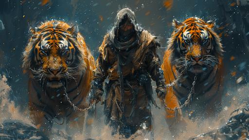 Video game concept art of a post-apocalyptic scene of a tattered traveler with two giant tigers on either side of him held by chains connected to spiked collars. Dark blue and bright orange color palette. Some aspects of water indicated in the painting style. --v 6.0 --ar 16:9 --stylize 1000