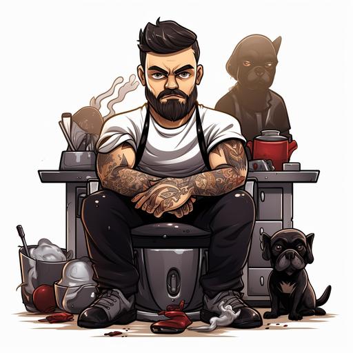 Video game style, Fit cartoon barber. Short fade, brown hair and beard. Wearing a black butchers apron. Arms folded. Mafia style movie theme. Sitting on a barber chair. French Bulldog puppy at feet. white background.