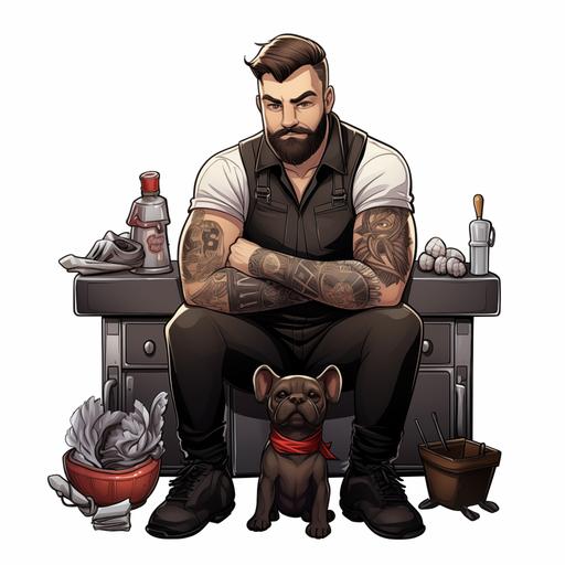 Video game style, Fit cartoon barber. Short fade, brown hair and beard. Wearing a black butchers apron. Arms folded. Mafia style movie theme. Sitting on a barber chair. French Bulldog puppy at feet. white background.