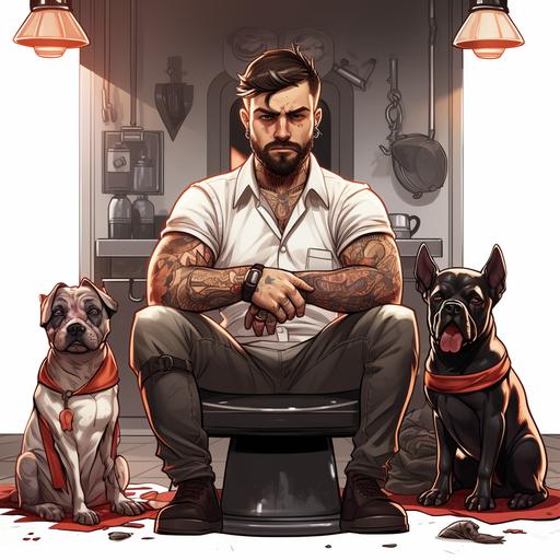 Video game style, Fit cartoon warrior/barber. Short skin fade brown hair and beard. Wearing a butchers apron. Barber tools in hands. Arms folded. Mafia style movie theme. Sitting on a throne in a clean room. French Bulldog on lap. Intimidating.