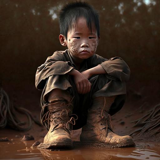 Vietnamese boy with shoes stuck in mud realistic