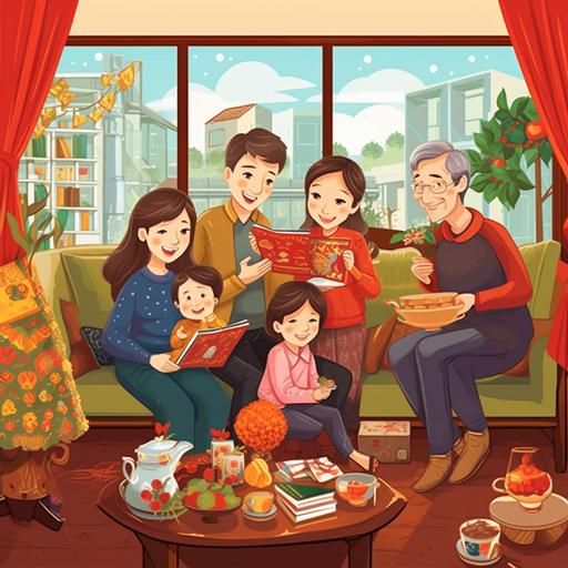 Vietnamese family is celebrating Vietnamese Tet, family room decorated for Vietnamese Tet, full view, cartoon style