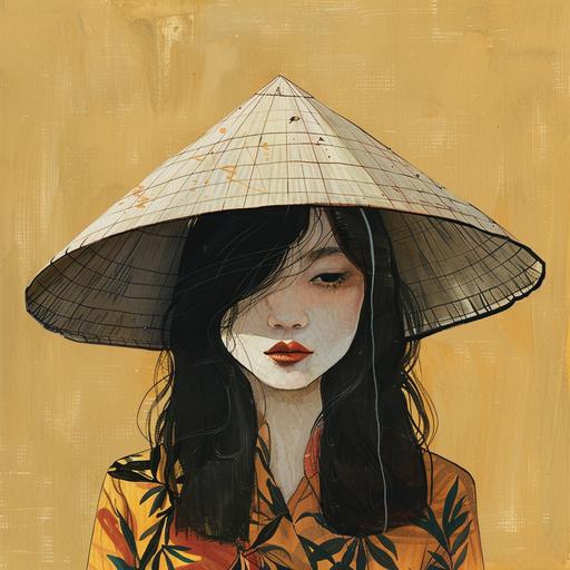 Vietnamese girl in a traditional Asian hat, Contemporary Art Illustrations