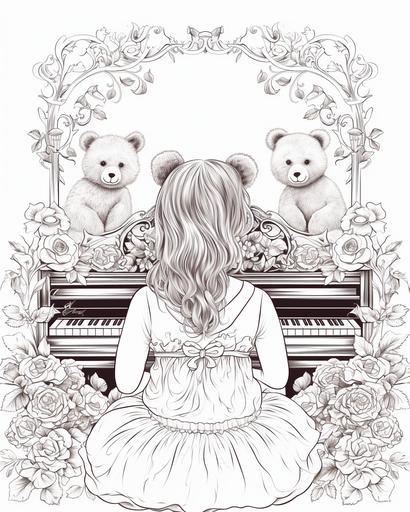 View from back. Little girl is playing piano, next to her is sitting her teddy bear. Outline drawing in mandala style. --ar 4:5