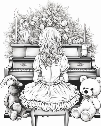 View from back. Little girl is playing piano, next to her is sitting her teddy bear. Around is Christmas decoration. Dreamy mood. Outline drawing in mandala style. --ar 4:5