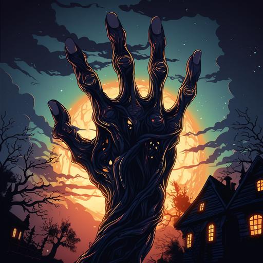View of a scary hand, Disney Style and inspiration, cartoon style, animation style, full body, it's the night