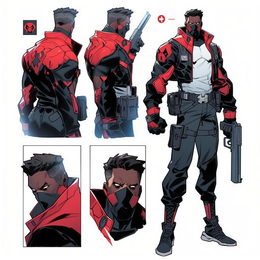 Vigilante anti hero reference sheet, updated Cabel suit, of Bishop holding two customized black pistols, OC character design, Comic artwork style, 21yrs old, blue black & white tactical suit, vigilante suit, serious face expression, old comic style, white Deadpool type mask, long dreads, with red outlining, black utility belt, with gadgets & pouches, and long white hooded fur cape, ripped scarf, black vigilante boots, outlined white, strong build, full body, whole picture, faced frontward, high quality art, beatiful old style comic artwork marvel Bishop. --s 750 --niji 5
