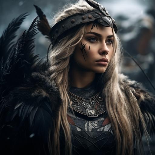 Viking warrior design, helmet with feathers and war makeup, with a raven on her head and a Bosco under her neck, 4k, hd, high definition, realistic, light contrasts,