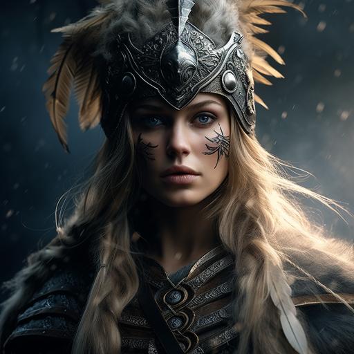 Viking warrior design, helmet with feathers and war makeup, with a raven on her head and a Bosco under her neck, 4k, hd, high definition, realistic, light contrasts,