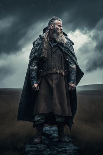 Viking with a big beard in an epic pose in the field, gloomy sky, rain, dirt and decay, creepy, gloomy, high detail, photorealistic, cinematic, 8K --q 2 --ar 2:3
