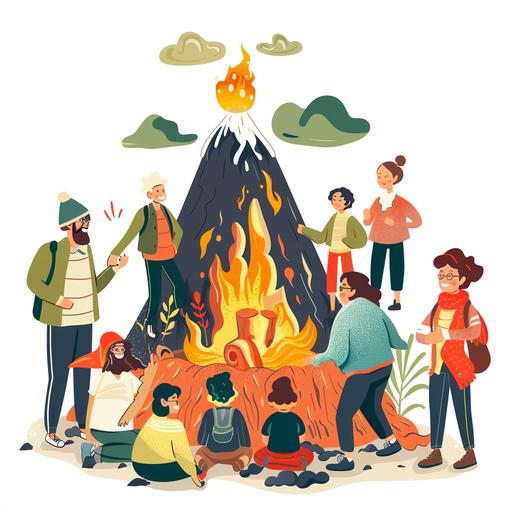 Villagers are gathering to make a fake volcano, cartoon, white background