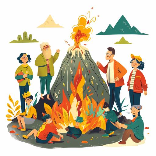 Villagers are gathering to make a fake volcano, cartoon, white background