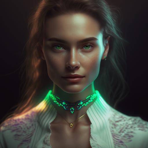 white woman, extremely realistic, perfect body with elegant clothes and fine jewelry, cinematic, green eyes, neon lights, perfect face, light brown hair, Shutter speed 1/1000, F/22, Gamma, White Balance, Neon, Light, Dark, Light Mode, Dark Mode, High Contrast, 5D, Multiverse, 32k, Super-Resolution, Megapixel, ProPhoto RGB, VR, Lonely, Good, Massive, Large, Spotlight, Headlight, Semi-Threshold Lighting, Backlight, Rim Lights, Rim Lighting, Artificial Lighting, Natural Lighting, Incandescent, Fiber Optic, Moody Lighting, Film Lighting, Studio Lighting, Soft Lighting, Hard Lighting, Volumetric Lighting, Volumetric Lighting, Volumetric Lighting, Contre-Jour, Rembrandt Lighting, Split Lighting, Beautiful Lighting, Accent Lighting, Global Illumination, Lumen Global Illumination, Screen Space Global Illumination, Ray Tracing Global Illumination, Optics, Materiality, Ambient Occlusion, Scattering, Glowing, Shadows, Rough, Shimmering, Ray Tracing Reflections, Lumen Reflections, Reflections in Screen Space, very detailed