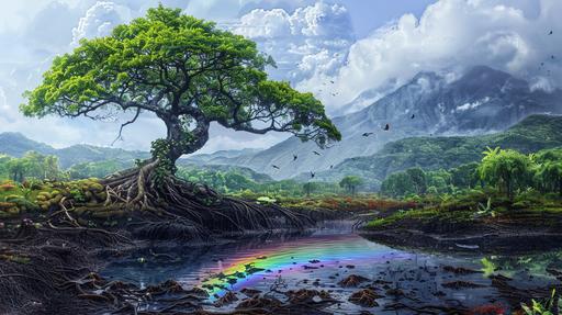 Vinicunca mangrove forest in a Vinicunca mystical landscape with white three-tailed foxes and giant rainbow-colored iguanas, --s 70 --c 10 --ar 16:9 --v 6.0