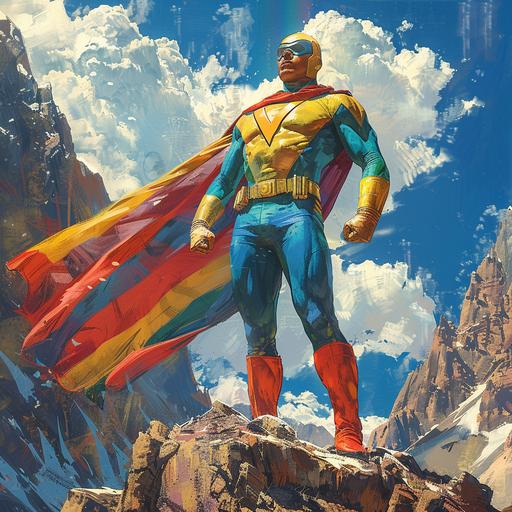 Vinicunca superhero, peruvian male, dynamic color suit, Large V on suit chest, rainbow mountains in background, spandex hero suit, seven color rainbow cape blowing in the wind, standing on mountain cliff, cape blowing back, windy, look of determination on their face, art style modern graphic novel --s 500