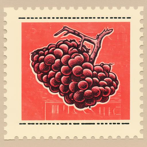 Vintage 2 cent postage stamp of big bag fulled of grapes red ink, line engraving, intaglio by saul bass