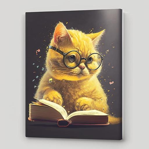 Vintage 2d yellow cute nerd cat reading book