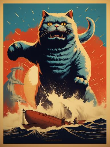 Vintage Cat as Godzilla poster, illustrated 1960s standing in the sea with waves planes flying around, blowing fire Japanese flag in the background 1960s, --chaos 30 --ar 3:4