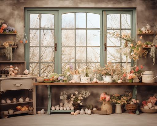 Vintage Easter kitchen backdrop with wide open space and a place for cooking. It has Easter eggs and flowers in it. There is no people. It has tables and a window. This photo was taken with Canon R5, 35mm lens 8k --style raw --v 5.2 --ar 5:4