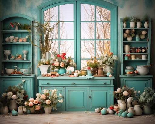 Vintage Easter turquoise kitchen backdrop with wide open space and a place for cooking. It has Easter eggs and flowers in it. There is no people. It has tables and a window. This photo was taken with Canon R5, 35mm lens 8k --style raw --v 5.2 --ar 5:4