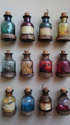 Vintage Wizard Potions bottles in paper Magic brown --ar 9:16
