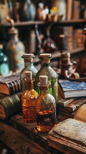 Vintage Wizard potion bottles on the table , magic --ar 9:16