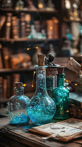 Vintage Wizard potion bottles on the table , magic --ar 9:16