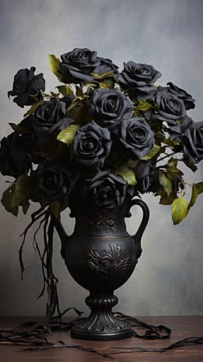 Vintage dark Academia black roses in vase --ar 9:16