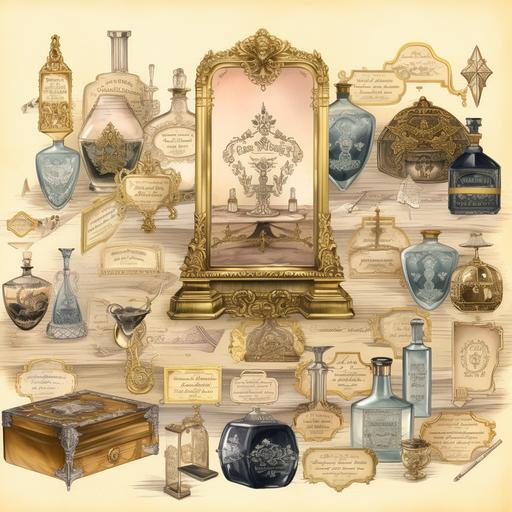 Vintage labels from a lady's dressing room, gold leaf lettering and art nouveau borders, surrounded by a collection of crystal perfume bottles and ivory combs, a feeling of refined luxury and timeless beauty, Illustration, detailed ink drawing with watercolor accents, --ar 1:1 --v 5.0