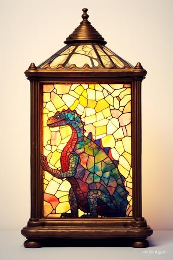 Vintage photograph, A dinosaur in a lantern, jewel tones, high contrast, oil painting, isolated, gustav klimt, white background. --ar 10:15 --v 5.1