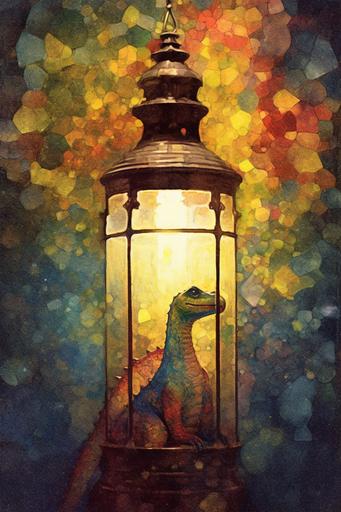 Vintage photograph, A dinosaur in a lantern, jewel tones, high contrast, oil painting, isolated, gustav klimt, white background. --ar 10:15 --v 5.1