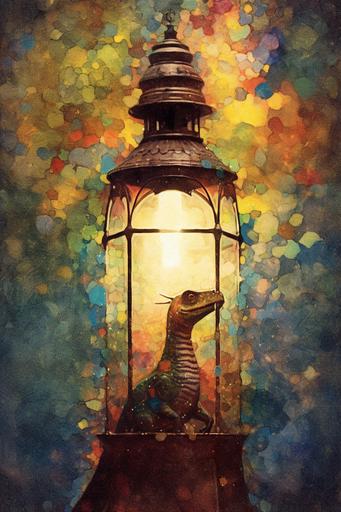 Vintage photograph, A dinosaur in a lantern, jewel tones, high contrast, oil painting, isolated, gustav klimt, white background. --ar 10:15 --v 5.1