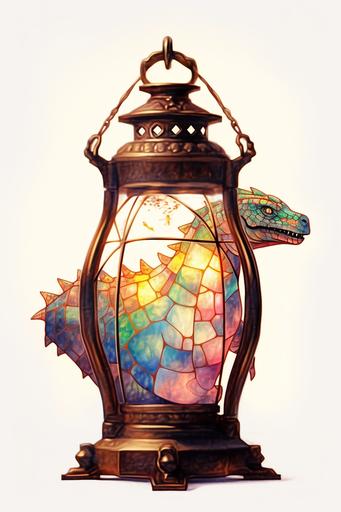 Vintage photograph, A dinosaur in a lantern, jewel tones, high contrast, oil painting, isolated, gustav klimt, white background. --ar 10:15 --niji 5