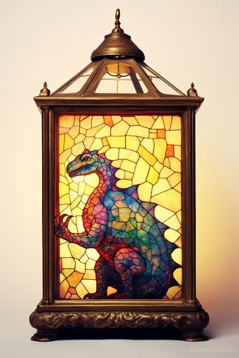 Vintage photograph, A dinosaur in a lantern, jewel tones, high contrast, oil painting, isolated, gustav klimt, white background. --ar 10:15 --v 5.1